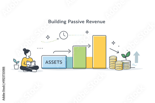 Building passive revenue. Calm editorial composition with simple blocks labeled as assets, arrows showing steady flow, and small growth