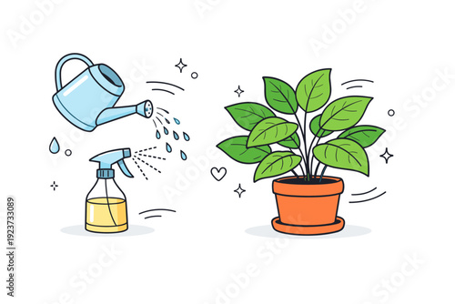 Indoor plant maintenance. Objects showing routine care, watering can pouring water, leaf mister, and healthy houseplant nearby.