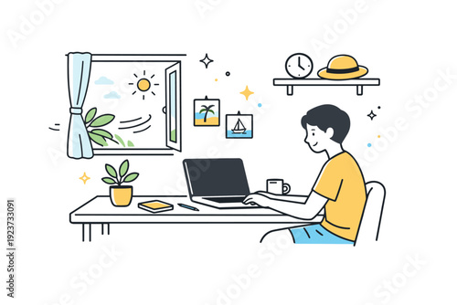 Summer-inspired home office. A clean desk with a laptop, a small plant, and sunlight streaming through an open window, creating a relaxed work mood. The