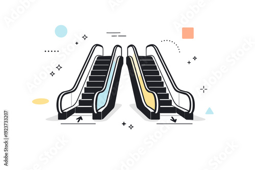 Escalators empty. Pair of parallel escalators both running with no one on them, echoing silence and light reflections. Urban transition scene