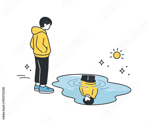 People reflected in puddles. A figure stands near water on the ground, their reflection slightly blurred by gentle ripples. The mood feels