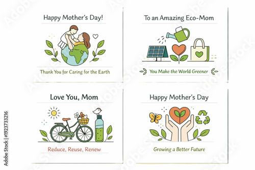 Sustainable Mother?s Day greeting card set. Several eco-themed card designs aligned together, consistent natural color palette, modern