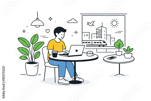 Modern city living. A person working on a laptop in a cafe with plants, windows, and urban elements nearby. Relaxed, contemporary lifestyle with focus on