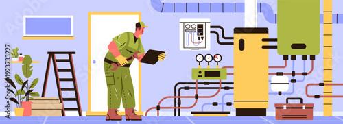 Plumber technician repairing boiler room equipment holding wrench and tablet modern heating system pipes gauges interior workspace