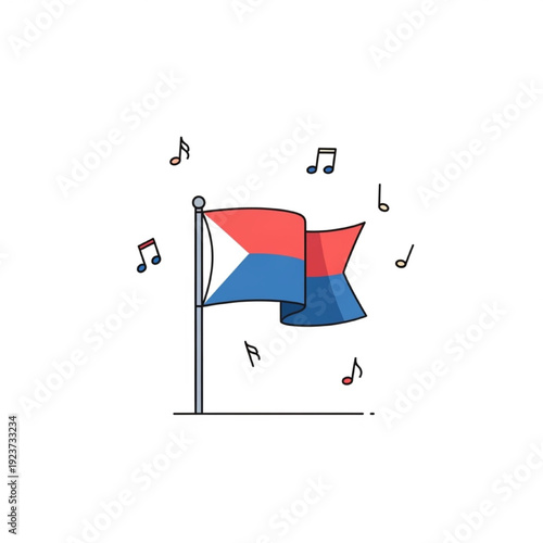 Minimalistic Waving Flag Vector Illustration, National Anthem Concept, Musical Notes, Flat Design, Modern Elegant Style