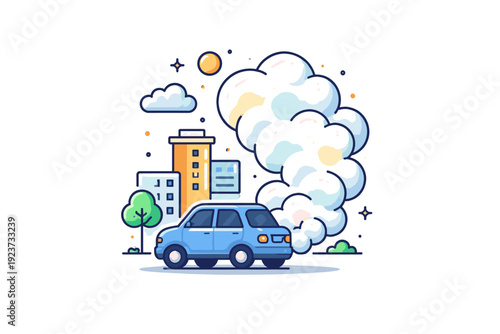 Car exhaust fumes visualized as a compact urban scene where a single vehicle releases soft abstract smoke shapes, highlighting air pollution