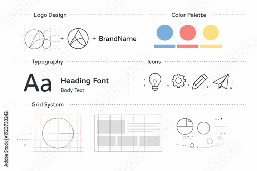 Creative branding system. Abstract presentation of brand guidelines with grids, icons, and typography samples. Thoughtful design process,