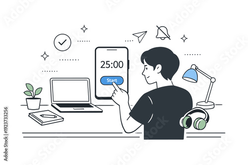 Focus Timer Activation. Focus mode illustration. A person activating a focus timer on their device while working at a tidy desk. Intentional productivity and