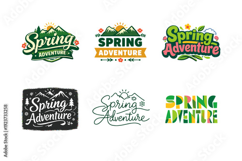 Spring adventure typography. Set lettering. harmonious lettering variations of the same emblematic concept, each with different artistic