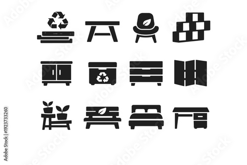 Eco-Friendly Furniture. Solid icon set of Eco-Friendly Furniture: recycled wood plank, eco table, sustainable chair, modular shelf, wood cabinet, storage box,