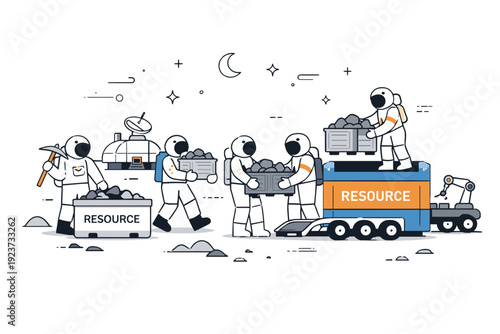Lunar Resource Extraction. Space resource utilization concept. Astronauts loading extracted materials into containers, with a small lunar base in the