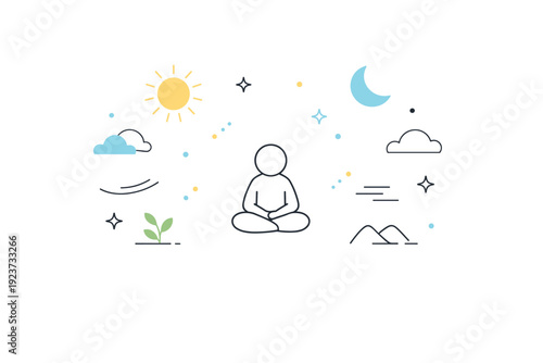 Observing surroundings as a visual metaphor. A small figure centered, surrounded by open space and light abstract elements suggesting