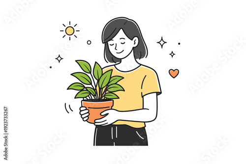 Green Plant Lady. Women carrying plants instead of bouquets. A woman pauses outdoors with a leafy plant in her hands, relaxed posture and soft smile. Sense of