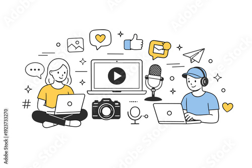 Bloggers working at home. An abstract scene with laptop, camera, microphone, and social media icons floating together. Clean editorial