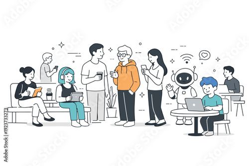 Digital avatars in real environments. Calm public space where multiple digital avatars appear among people as soft overlays. Everyday future atmosphere and