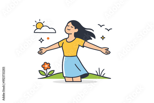 Spring female lifestyle minimal scene of a woman enjoying fresh air and open space, capturing clarity, optimism and new beginnings. A concise