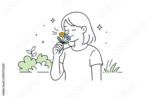 Women smelling flowers. A woman pauses outdoors near greenery, lifting a small bouquet toward her face. Everyday tenderness, quiet appreciation of the moment.