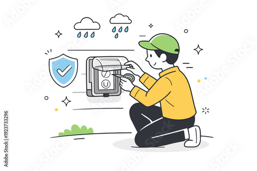 Weatherproofing outdoor outlets. A person sealing an exterior electrical outlet with a protective cover, small shield and rain