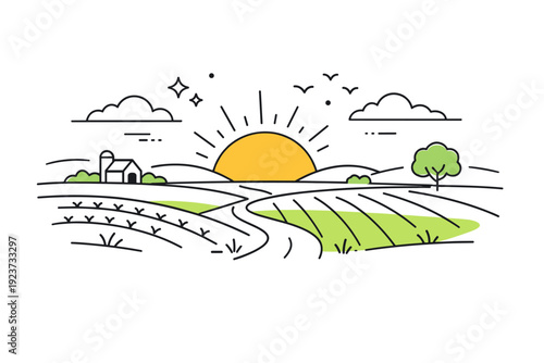 Sunrise over fields. A wide open landscape with fields and a low sun on the horizon, suggesting a quiet rural morning. The mood is warm, slow, and optimistic.