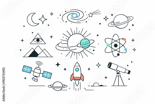 Galaxy modern universe. Abstract cosmic symbols and geometric shapes arranged in a balanced layout, clean and futuristic feel. The background supports tech or