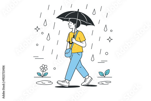Summer Rainwalk Bliss. Summer rain walks. A person walking calmly under a light rain with an umbrella, soft raindrops and relaxed posture. Refreshing mood and