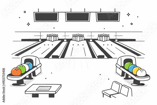 Winter bowling night scene. Empty lanes prepared for play, bowling balls resting in racks, calm ambient light inside. Quiet anticipation,