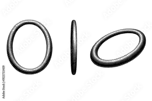 Dotted halftone border frame oval border An oval border frame is depicted as a single object shown from three different views: front view,