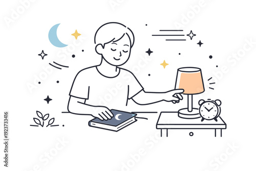 Preparing for restful sleep. A person finishes a calming routine?closing a journal, placing it on a nightstand, and turning off ambient