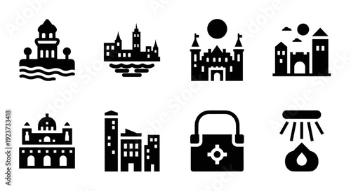 Silhouette icons: castles, buildings, and accessories in black