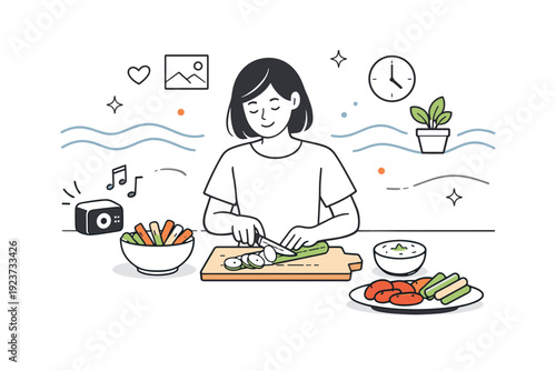 After-work mindful snack prep. A person calmly chopping veggies and preparing a dip while music plays in the background, floating abstract decorative lines and