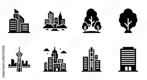 Modern urban and nature silhouettes: buildings and trees collection