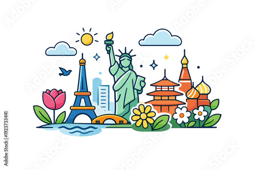 Spring travel destinations stylized city skyline mixed with flowers and light clouds, expressing renewal, curiosity, and the joy of traveling