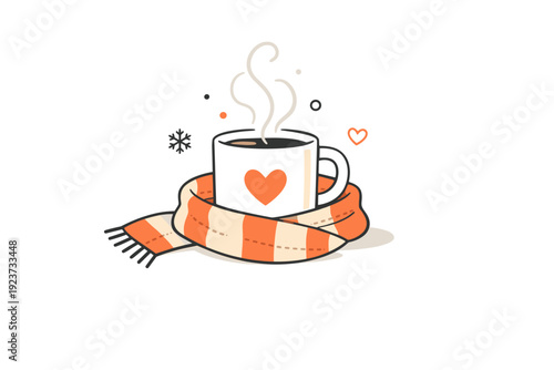 Cold day warm mug. Symbol of care, rest, and seasonal comfort, gentle and inviting mood. Minimal vector scene with scarf texture and soft