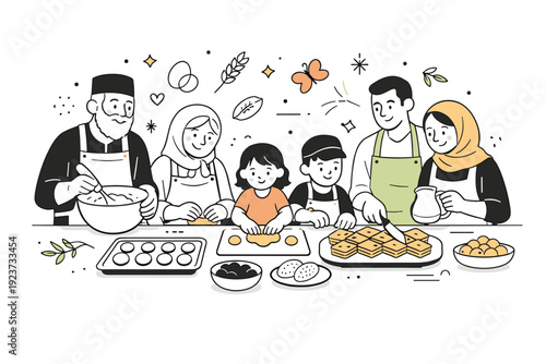 Family baking sweets. Intergenerational scene with elders and children making Nowruz pastries like naan berenji or baklava. Joyful collaboration, gentle flour