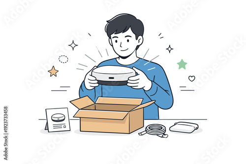 Product unboxing with people. Person lifting a new product from its box, focused and satisfied expression. Simple packaging