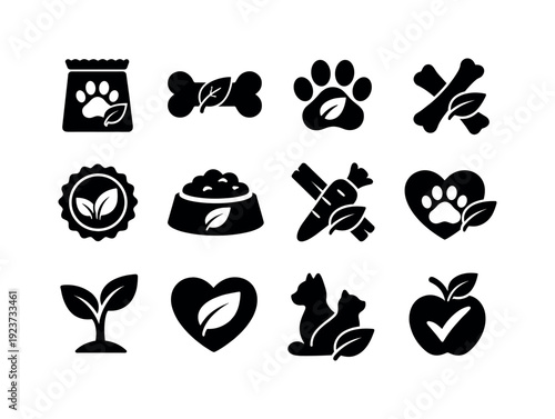 Plant-based pet treats. Filled icon set of Plant-based pet treats: treat bag, bone shaped