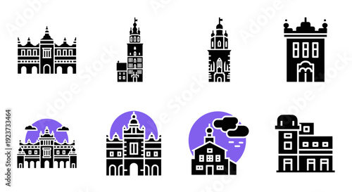 Historic building icons with modern touch for urban design projects