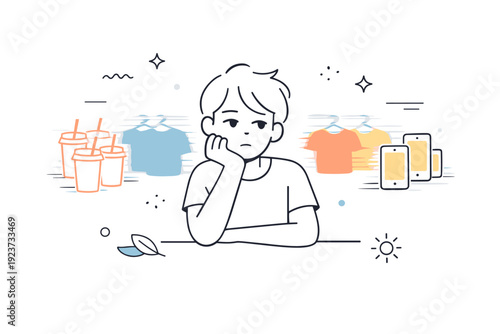 Decision fatigue from consumption. A person facing many similar options that blur together, one hand resting thoughtfully. Mental tiredness