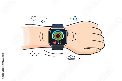 Minimalist Fitness Tracking. Wearable fitness tech in use. Minimal scene with smartwatch on wrist displaying activity rings and heart rate, surrounded by
