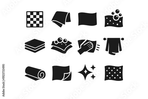 Household cleaning fabric. Solid icon set of Household cleaning fabric: kitchen cloth, dish wiping cloth, surface cleaning rag, absorbent cloth, folded rag