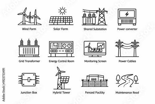 Hybrid renewable infrastructure. Line icon set of Hybrid renewable infrastructure: wind farm, solar farm, shared substation, power converter,