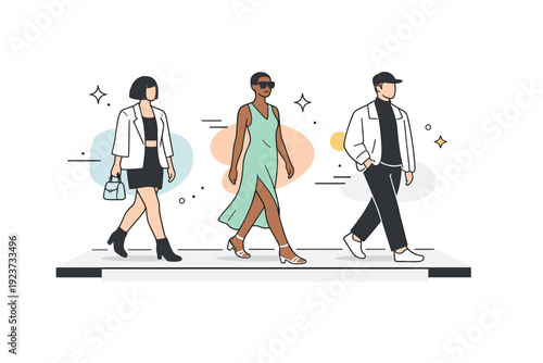 Fashion trends runway show. Models walking on a minimalistic runway wearing modern outfits, subtle floating abstract shapes and stars