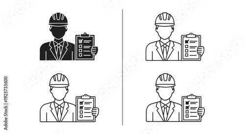 Engineer with clipboard and shield icon set. Includes solid black and outline versions of a construction worker holding a checklist and a protective shield. Created in flat style with a