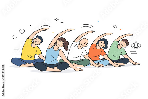 Group yoga and stretching. Several people stretch together in simple poses, moving in sync and maintaining relaxed expressions. The scene highlights community,