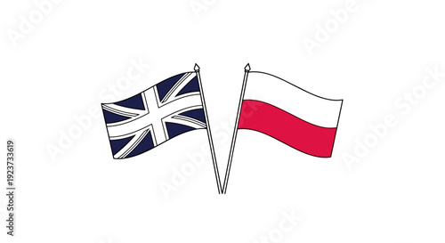 British and polish flags crossed on white background in vector art style