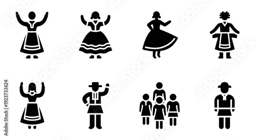Traditional folk dance icons in simple black silhouette style with diverse costume designs