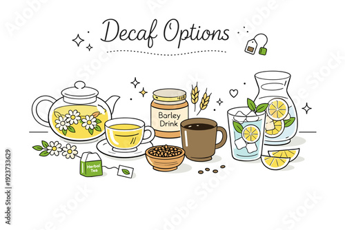 Decaf options selection. A gentle editorial scene with various caffeine-free beverages like herbal teas, roasted barley drinks, and lemon