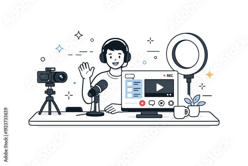 Streaming workspace setup. A person live streaming from a desk with a camera, ring light, and screen showing simple interface elements. The