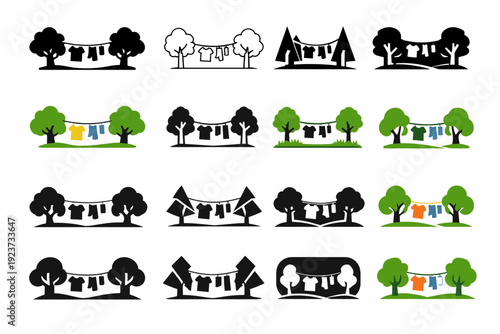 Hanging laundry on a clothesline. Icon set. Set Logo of Hanging laundry on a clothesline: clothesline between trees. harmonious