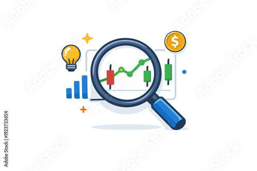 Stock market analysis and insight shown as a magnifying glass focused on a simple chart, expressing research, awareness, and informed
